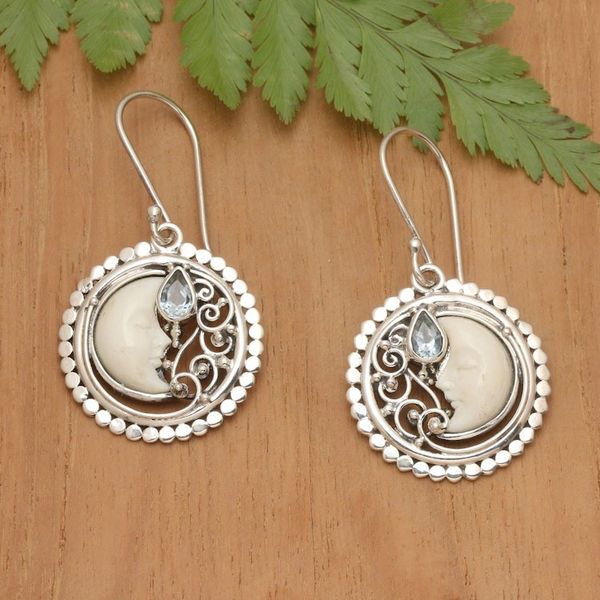 Alternate image for Blue Topaz and Sterling Silver Crescent Moon Dangle Earrings Sleeping Moon