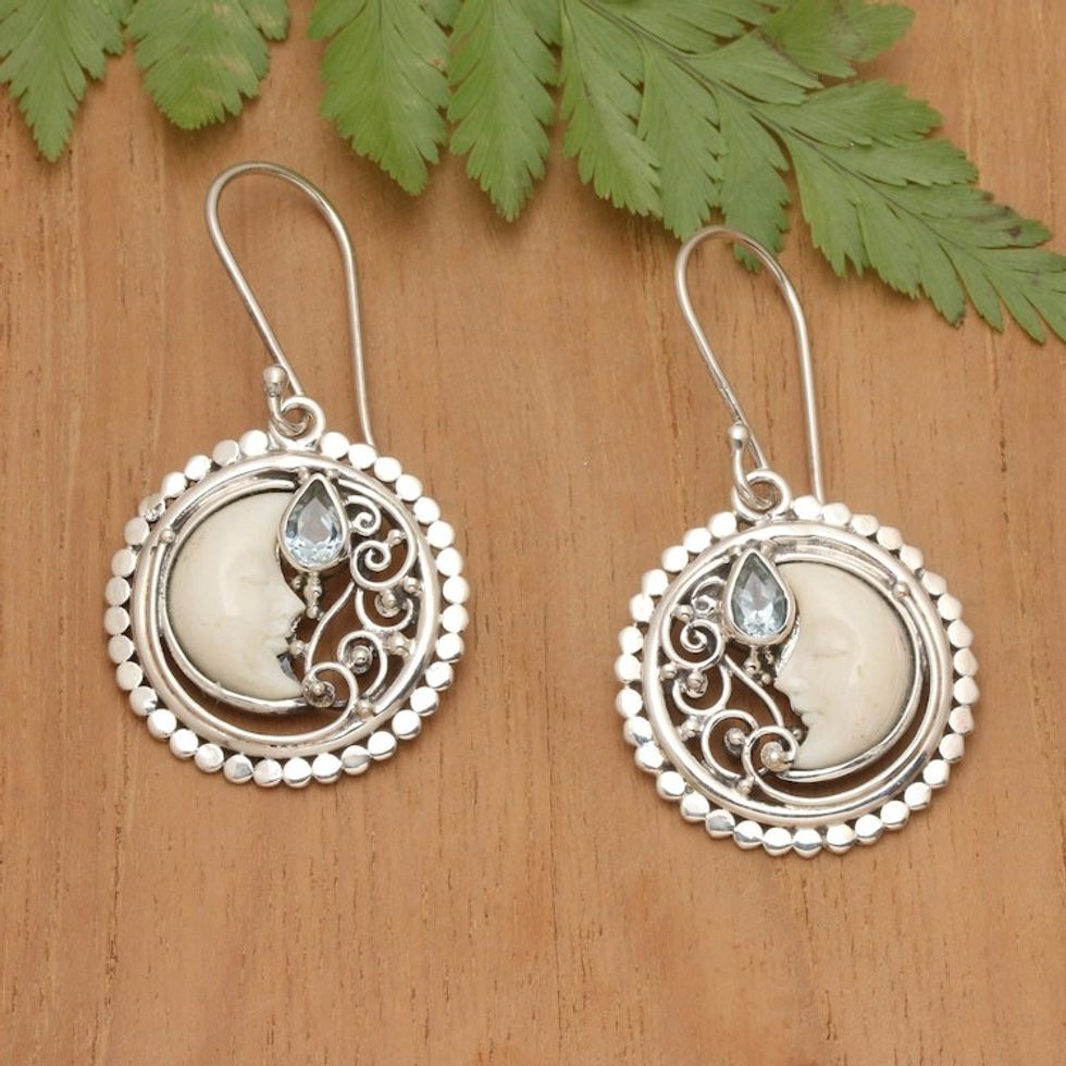 Blue Topaz and Sterling Silver Crescent Moon Dangle Earrings 'Sleeping Moon'