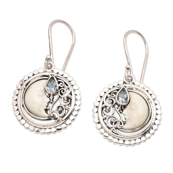 Alternate image for Blue Topaz and Sterling Silver Crescent Moon Dangle Earrings Sleeping Moon