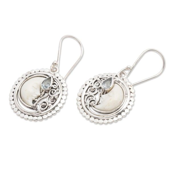 Alternate image for Blue Topaz and Sterling Silver Crescent Moon Dangle Earrings Sleeping Moon