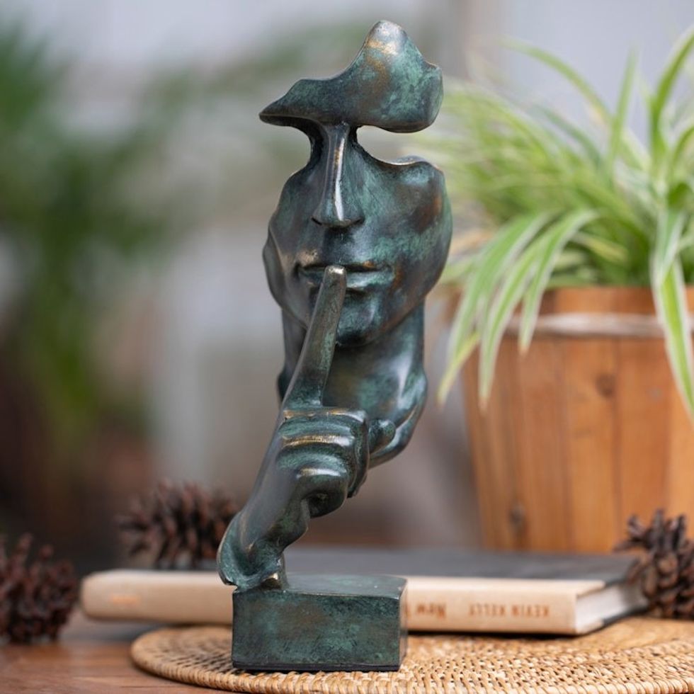 Antiqued Green and Metallic Resin Sculpture Crafted in Java 'Silent'