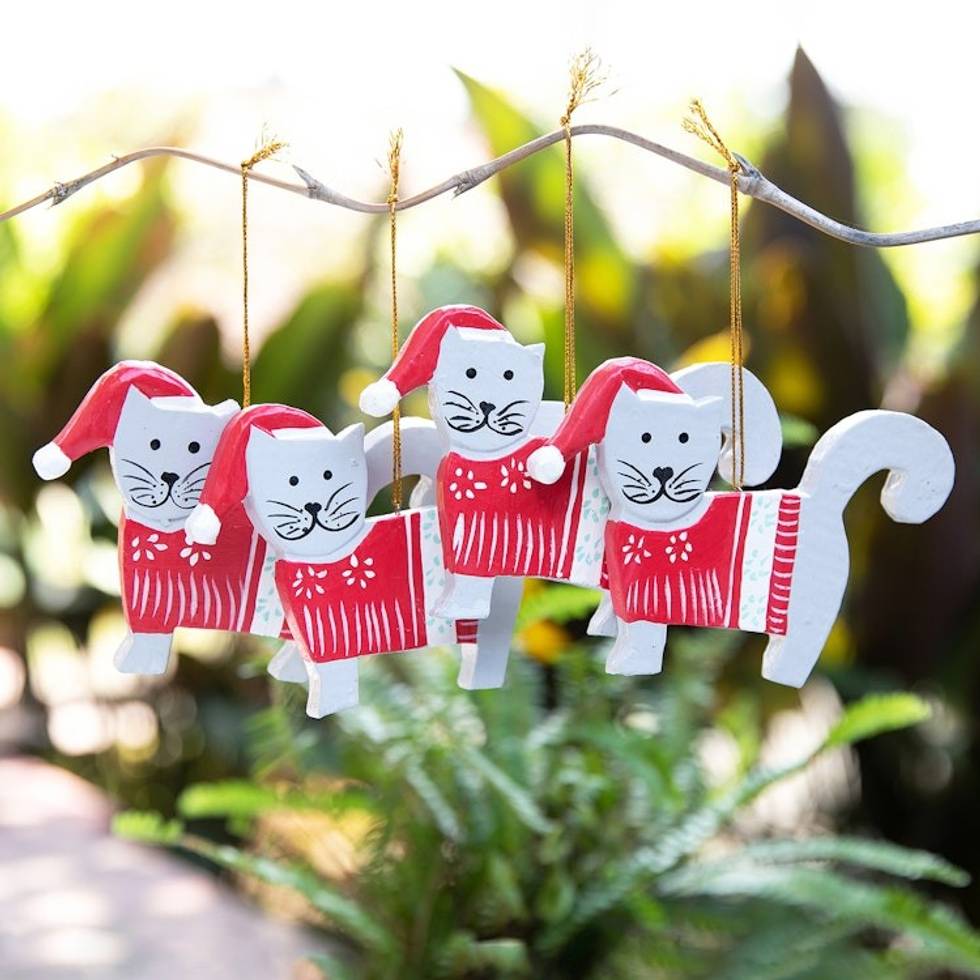 Set of 4 Handcrafted Red and White Cat Holiday Ornaments 'Santa Felines'