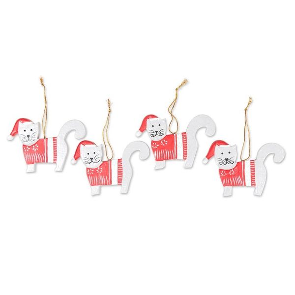 Alternate image for Set of 4 Handcrafted Red and White Cat Holiday Ornaments Santa Felines