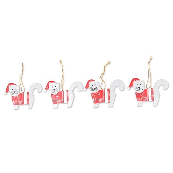 Alternate image for Set of 4 Handcrafted Red and White Cat Holiday Ornaments Santa Felines