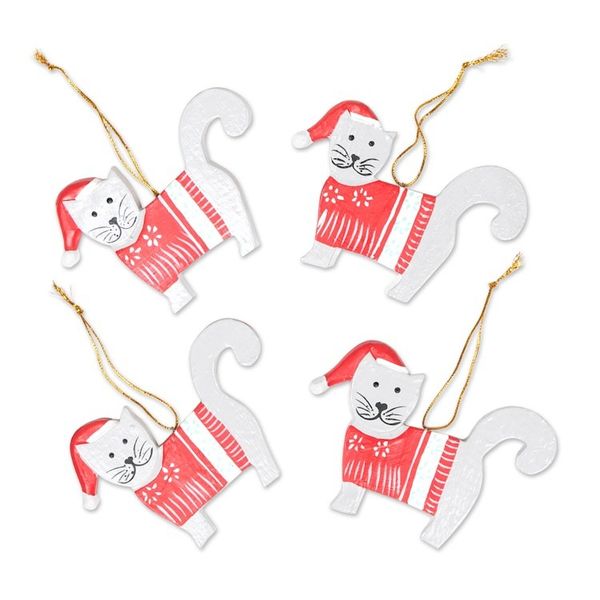 Alternate image for Set of 4 Handcrafted Red and White Cat Holiday Ornaments Santa Felines