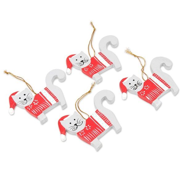 Alternate image for Set of 4 Handcrafted Red and White Cat Holiday Ornaments Santa Felines