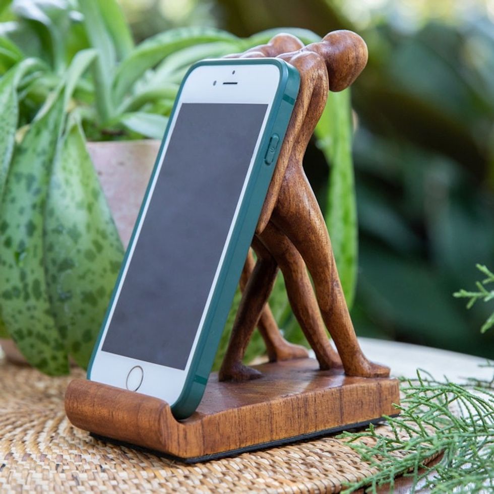 Handcrafted Inspirational Jempinis Wood Phone Holder 'Strong Brotherhood'