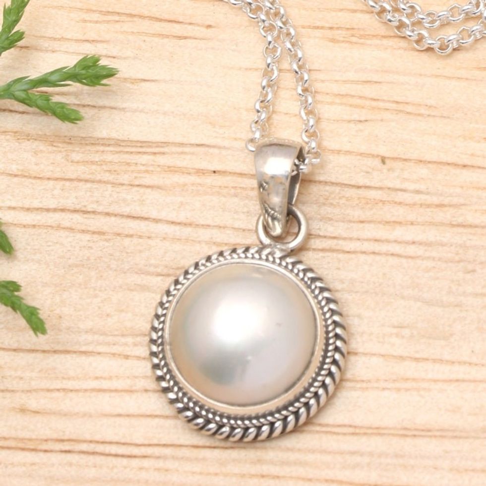 Polished White Cultured Pearl Pendant Necklace from Bali 'Shiny Destiny'
