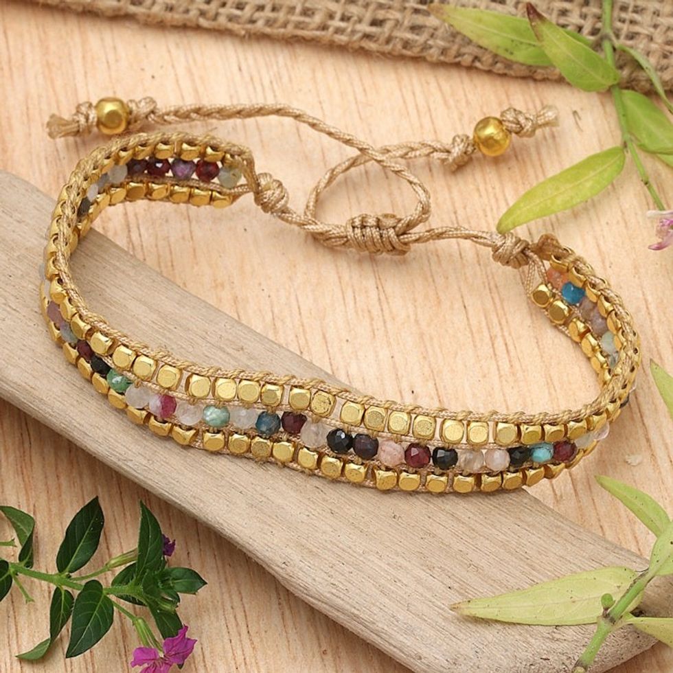 Gold-Accented Adjustable Fluorite Beaded Wristband Bracelet 'Boho Beauty'