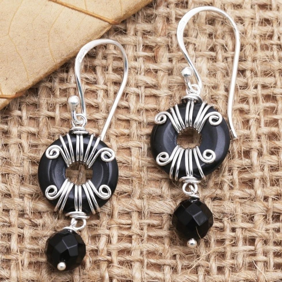 Hand Crafted Sterling Silver and Onyx Dangle Earrings 'Sumatra Swing'