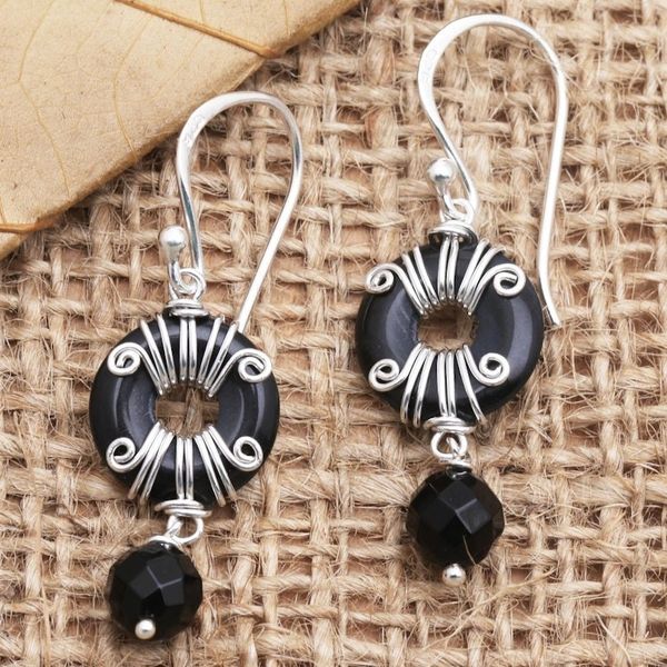 Alternate image for Hand Crafted Sterling Silver and Onyx Dangle Earrings Sumatra Swing