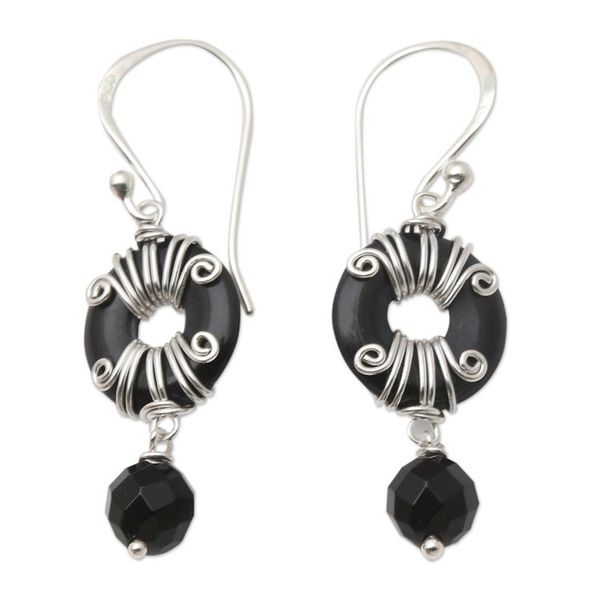 Alternate image for Hand Crafted Sterling Silver and Onyx Dangle Earrings Sumatra Swing
