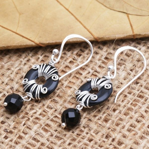 Alternate image for Hand Crafted Sterling Silver and Onyx Dangle Earrings Sumatra Swing