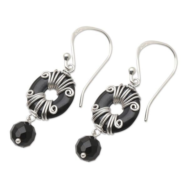 Alternate image for Hand Crafted Sterling Silver and Onyx Dangle Earrings Sumatra Swing