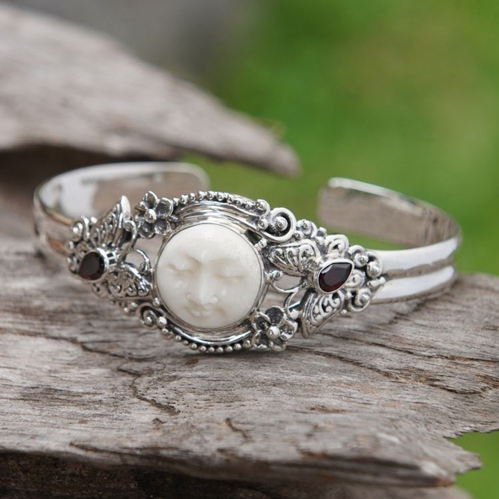 Sterling Silver Garnet Butterfly and Moon Cuff Bracelet 'Moon and Nature'