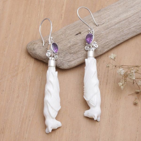 Alternate image for Amethyst Bone and Sterling Silver Bat Dangle Earrings Resting Bats
