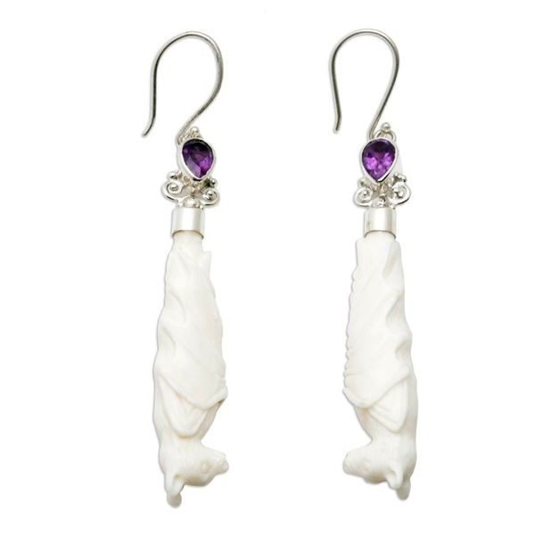Alternate image for Amethyst Bone and Sterling Silver Bat Dangle Earrings Resting Bats