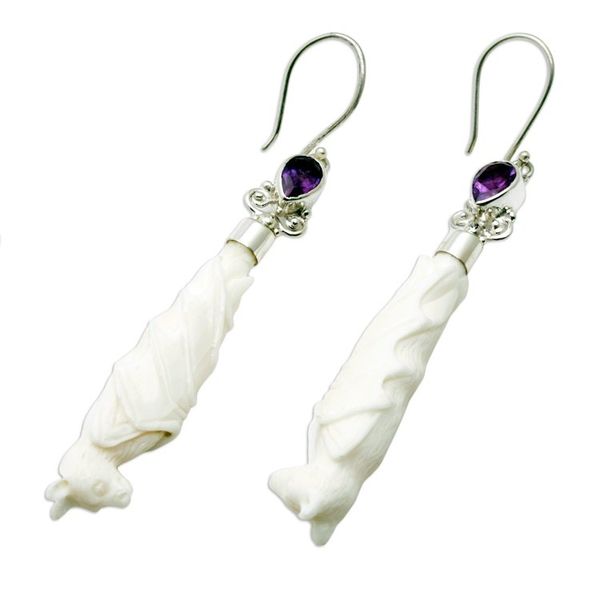 Alternate image for Amethyst Bone and Sterling Silver Bat Dangle Earrings Resting Bats