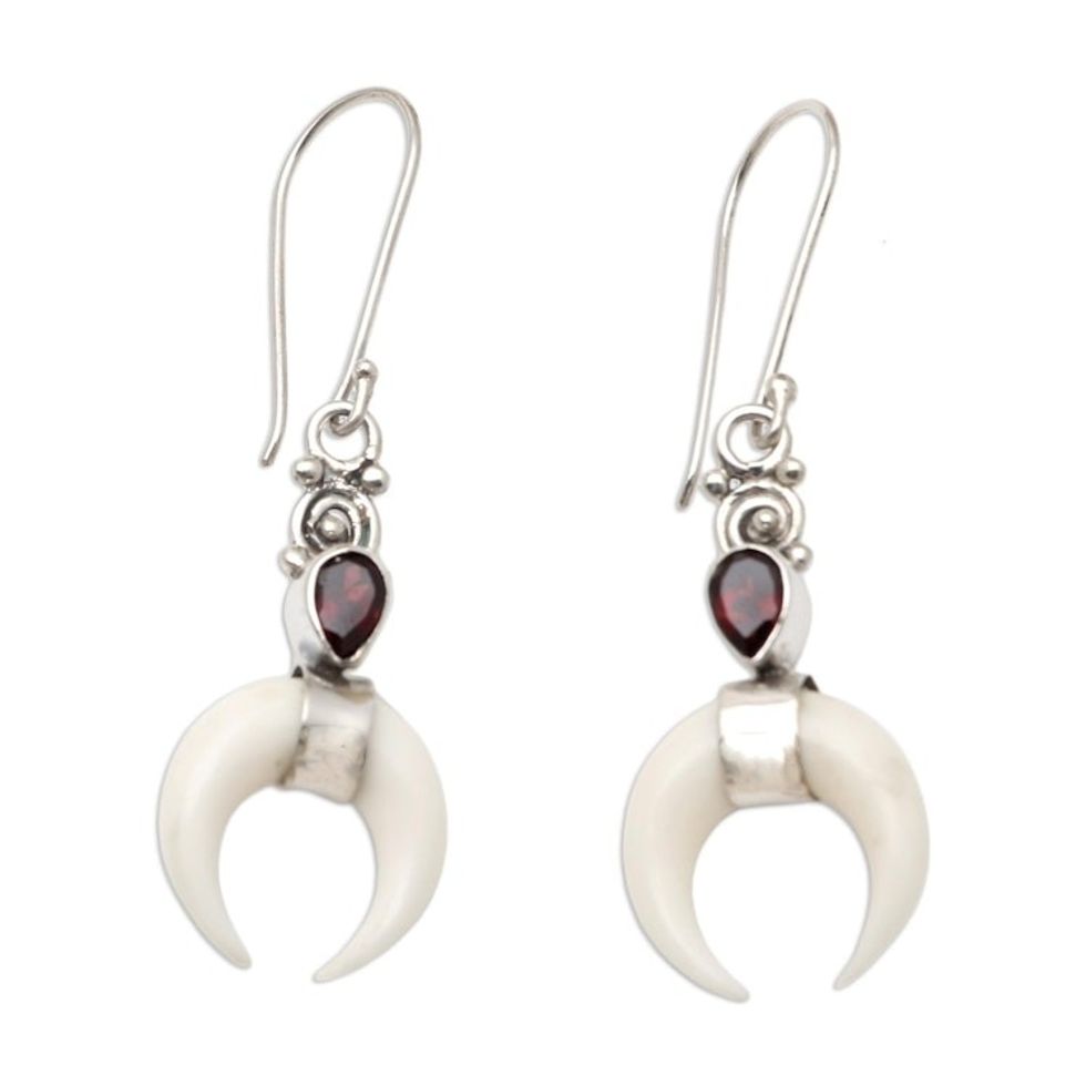 Hand Made Bone and Garnet Dangle Earrings 'Blood Red Moon'