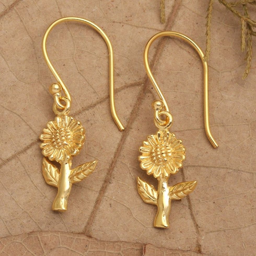 Polished 18k Gold-Plated Sunflower Dangle Earrings 'Golden Adoration'