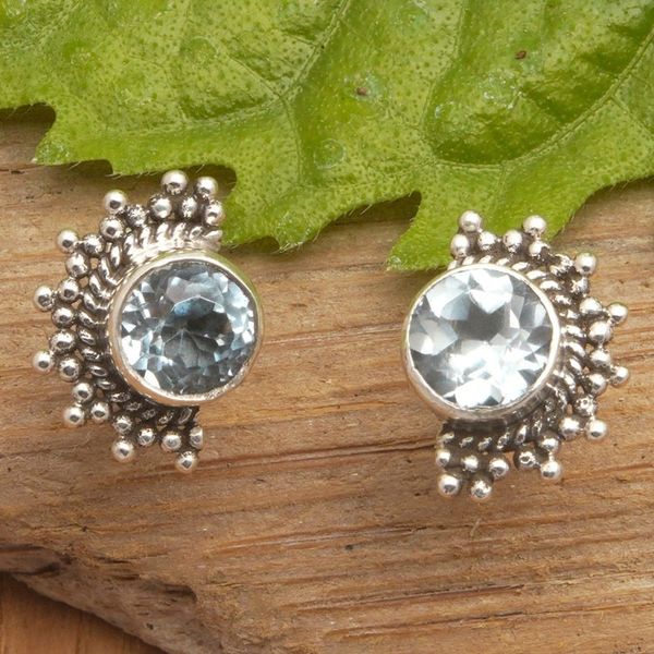 Alternate image for Polished Sterling Silver Stud Earrings with Blue Topaz Gems Crescent Loyalty