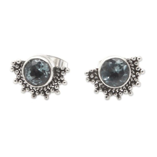 Alternate image for Polished Sterling Silver Stud Earrings with Blue Topaz Gems Crescent Loyalty
