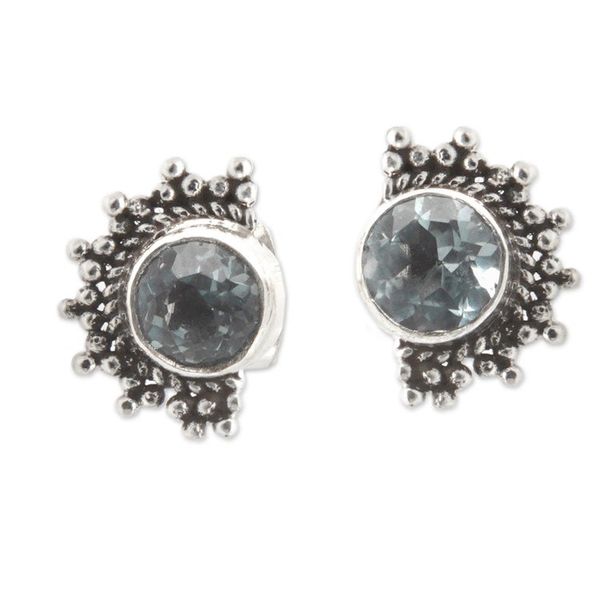Alternate image for Polished Sterling Silver Stud Earrings with Blue Topaz Gems Crescent Loyalty
