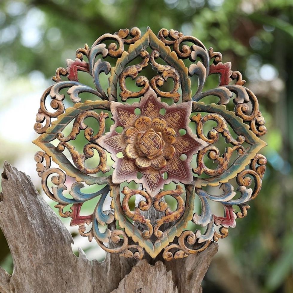Balinese Hand-Carved Hand-Painted Floral Wood Relief Panel 'Blooming Charm'