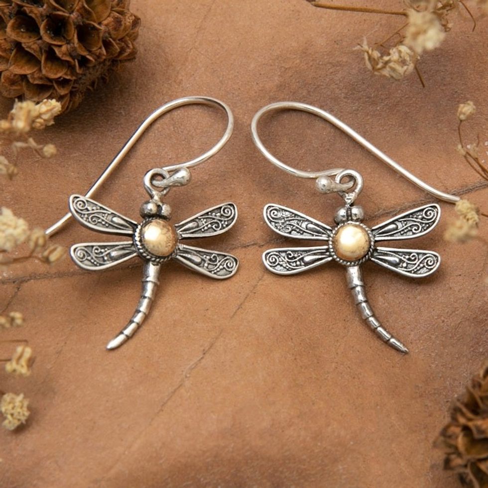 18k Gold-Accented Dragonfly Dangle Earrings from Bali 'Dragonfly's Spell'