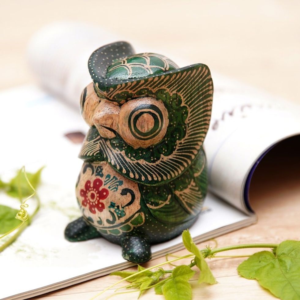 Batik Floral Owlet-Shaped Green Pule Wood Figurine 'Midnight Owlet'