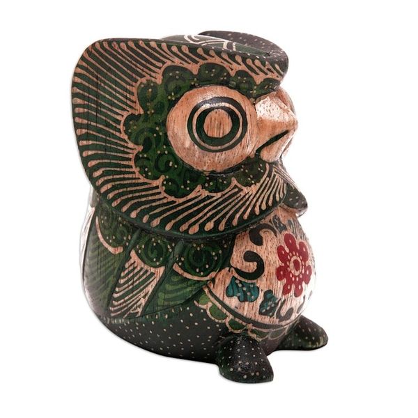 Alternate image for Batik Floral Owlet-Shaped Green Pule Wood Figurine Midnight Owlet