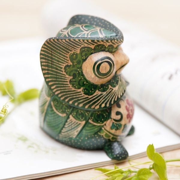Alternate image for Batik Floral Owlet-Shaped Green Pule Wood Figurine Midnight Owlet