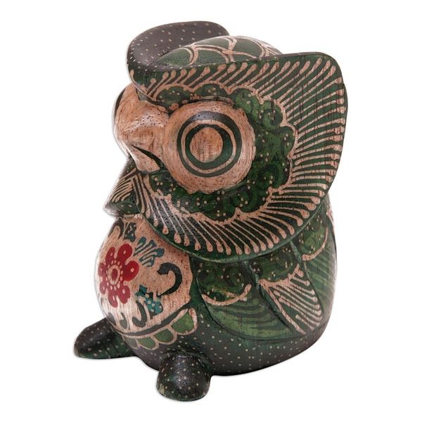 Alternate image for Batik Floral Owlet-Shaped Green Pule Wood Figurine Midnight Owlet