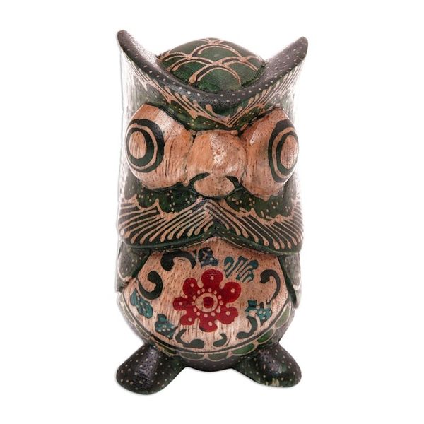 Alternate image for Batik Floral Owlet-Shaped Green Pule Wood Figurine Midnight Owlet