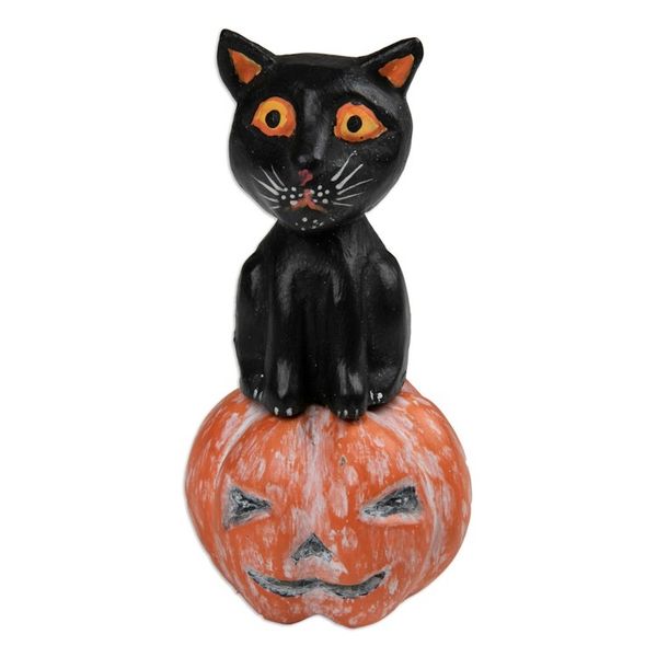 Alternate image for Halloween-Themed Albesia Wood Cat and Pumpkin Sculpture Cat on the Halloween Night