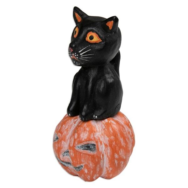 Alternate image for Halloween-Themed Albesia Wood Cat and Pumpkin Sculpture Cat on the Halloween Night