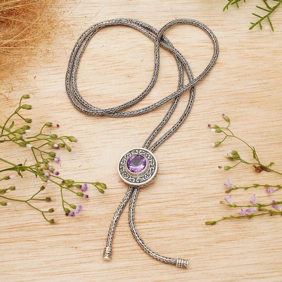 Fair Trade Balinese Faceted 1-Carat Amethyst Lariat Necklace 'Amethyst Sense'