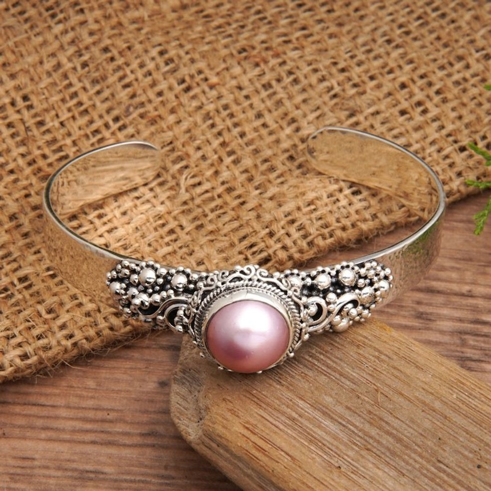 Traditional Pink Cultured Pearl Cuff Bracelet from Bali 'Pink Moonlight'