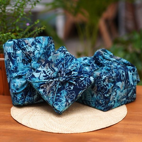 Alternate image for 3 Upcycled Blue Leaf-Themed Batik Furoshiki-Style Gift Wraps Blue Indigo