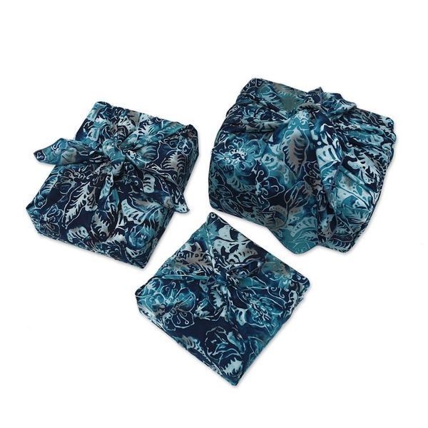 Alternate image for 3 Upcycled Blue Leaf-Themed Batik Furoshiki-Style Gift Wraps Blue Indigo