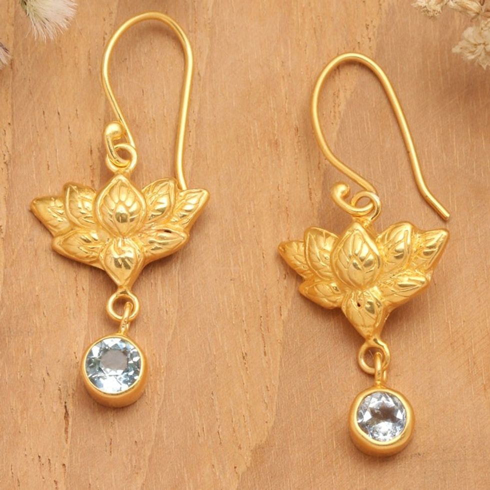Lotus-Shaped 22k Gold-Plated Blue Topaz Dangle Earrings 'Brahman's Blue Jewel'
