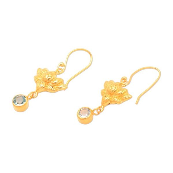 Alternate image for Lotus-Shaped 22k Gold-Plated Blue Topaz Dangle Earrings Brahmans Blue Jewel