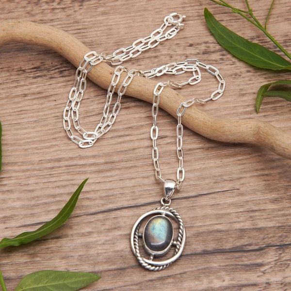 Alternate image for Sterling Silver Pendant Necklace with Labradorite Stone Chic Iridescence