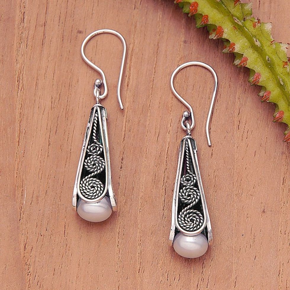 Traditional Sterling Silver and Grey Pearl Dangle Earrings 'Regal Pearls'