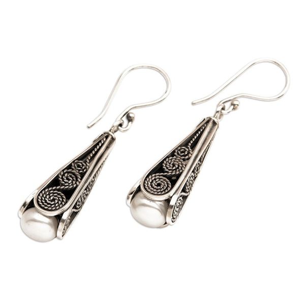 Alternate image for Traditional Sterling Silver and Grey Pearl Dangle Earrings Regal Pearls