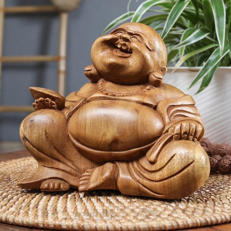 Suar Wood Sculpture of Laughing Buddha Hand-Carved in Bali 'Blissful Buddha'