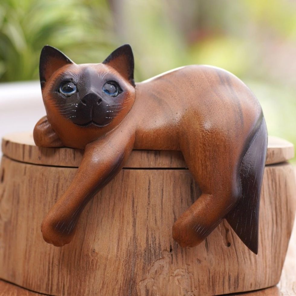 Hand Carved Wood Chocolate Siamese Cat Statuette 'Sweet Dreams'