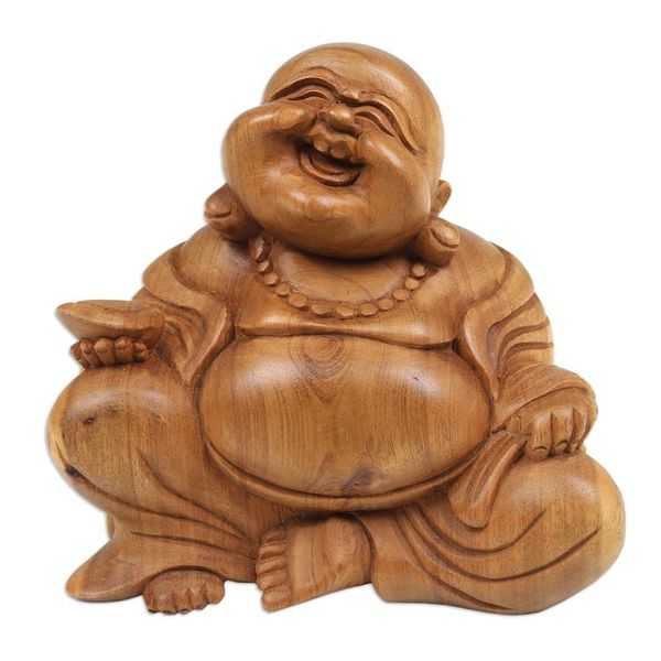 Alternate image for Suar Wood Sculpture of Laughing Buddha Hand-Carved in Bali Blissful Buddha
