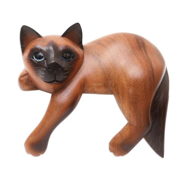 Alternate image for Hand Carved Wood Chocolate Siamese Cat Statuette Sweet Dreams