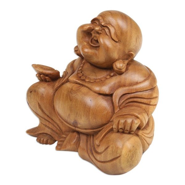 Alternate image for Suar Wood Sculpture of Laughing Buddha Hand-Carved in Bali Blissful Buddha